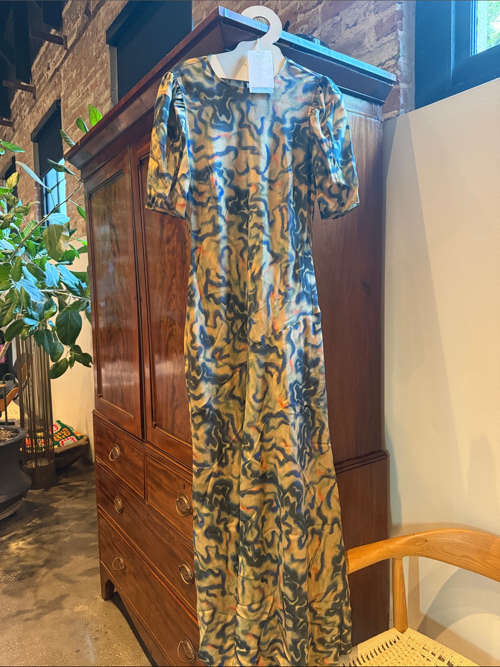 Ulla Johnson Olive, Navy And Mustard Abstract Silk Maxi Dress